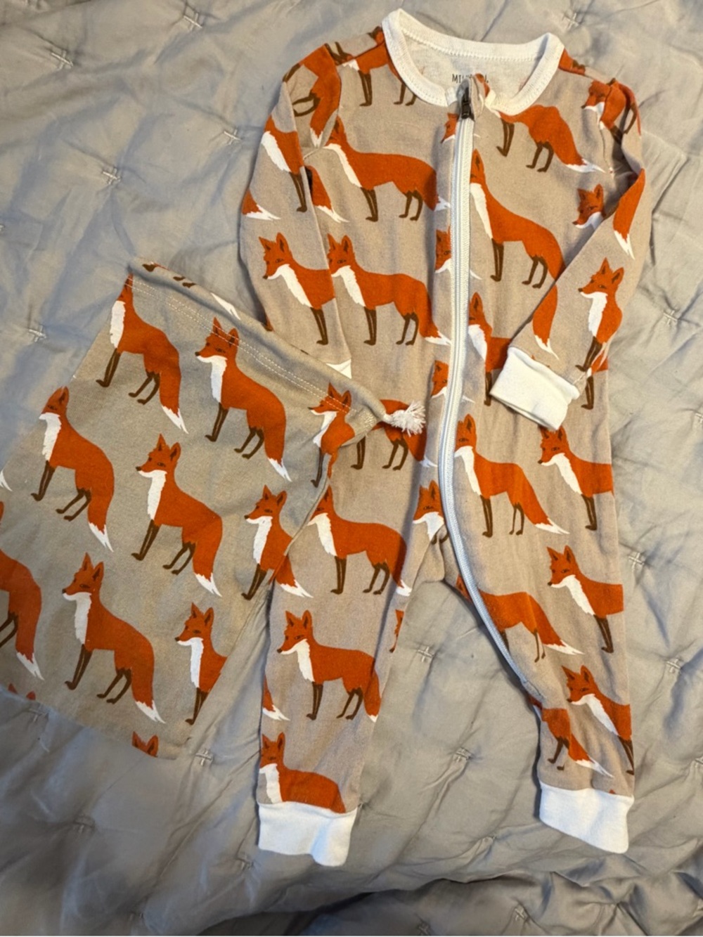 Baby Fox Print Zip Pajamas - Rust Fox on Tan